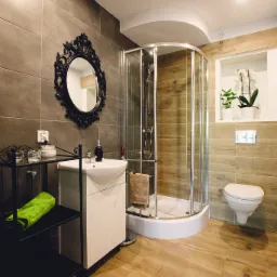 Nowoczesna łazienka z szarą i drewnopodobną glazurą, kabiną prysznicową z chromowanymi profilami, umywalką z szafką, ozdobnym lustrem w czarnej ramie i dekoracyjną półką z roślinami.