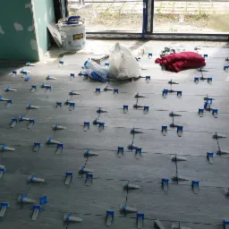 Szare płytki podłogowe z niebieskimi klipsami poziomującymi, widoczne narzędzia glazurnicze, wiadro z klejem i czerwony ręcznik w tle, okno w tle