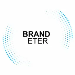 Minimalistyczny projekt logo z nazwą 'BRAND ETER' otoczoną półokręgami z niebieskich kropek na białym tle.