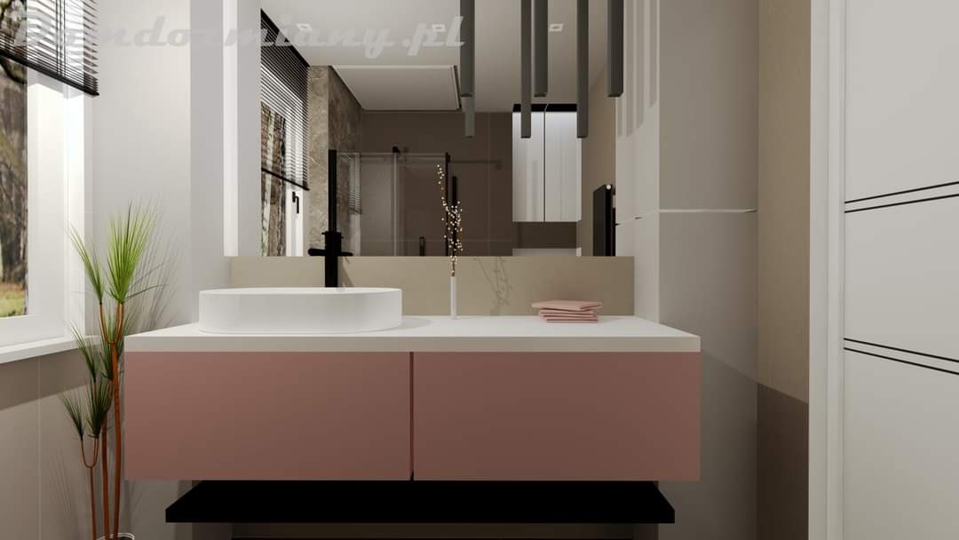 Wizualizacja łazienki z umywalką nablatową, różową szafką, lustrem z widokiem na kabinę prysznicową i wiszącymi lampami sufitowymi, uzupełniona o roślinę doniczkową przy oknie.