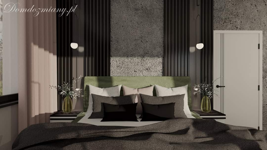 Nowoczesna sypialnia z łóżkiem z zielonym zagłówkiem, ciemnymi poduszkami i narzutą w jodełkę, na tle ściany z lameli i betonowej płyty oraz białych drzwi z czarnymi detalami.