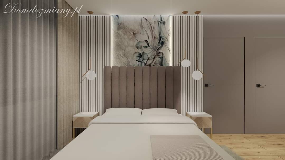 Nowoczesna sypialnia z tapetą w kwiaty za wezgłowiem łóżka, pionowe panele dekoracyjne, minimalistyczne lampy wiszące i stoliki nocne z geometrycznym wzorem.