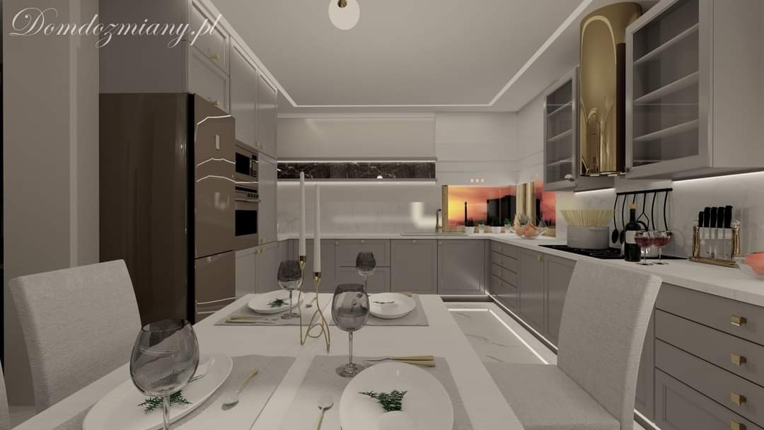 Wizualizacja nowoczesnej, szarej kuchni z wyspą i jadalnią, nakryty stół z białymi talerzami, kieliszkami i złotymi sztućcami, w tle panorama miasta na szklanym panelu.