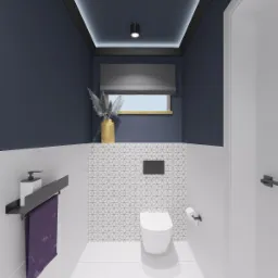 Wizualizacja małej łazienki z toaletą, białe płytki z geometrycznym wzorem na ścianie za muszlą, granatowe ściany, szara roleta w oknie, złoty wazon z suszonymi trawami, biała armatura, fioletowy...