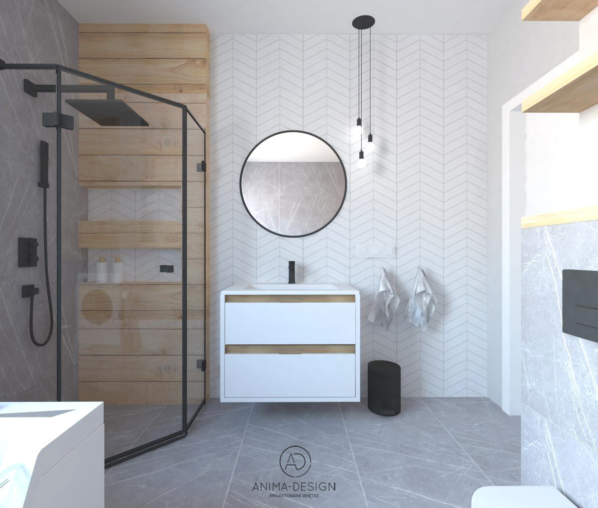 Nowoczesna łazienka z kabiną prysznicową typu walk-in, drewnianymi akcentami, okrągłym lustrem i białymi płytkami w jodełkę na ścianie.