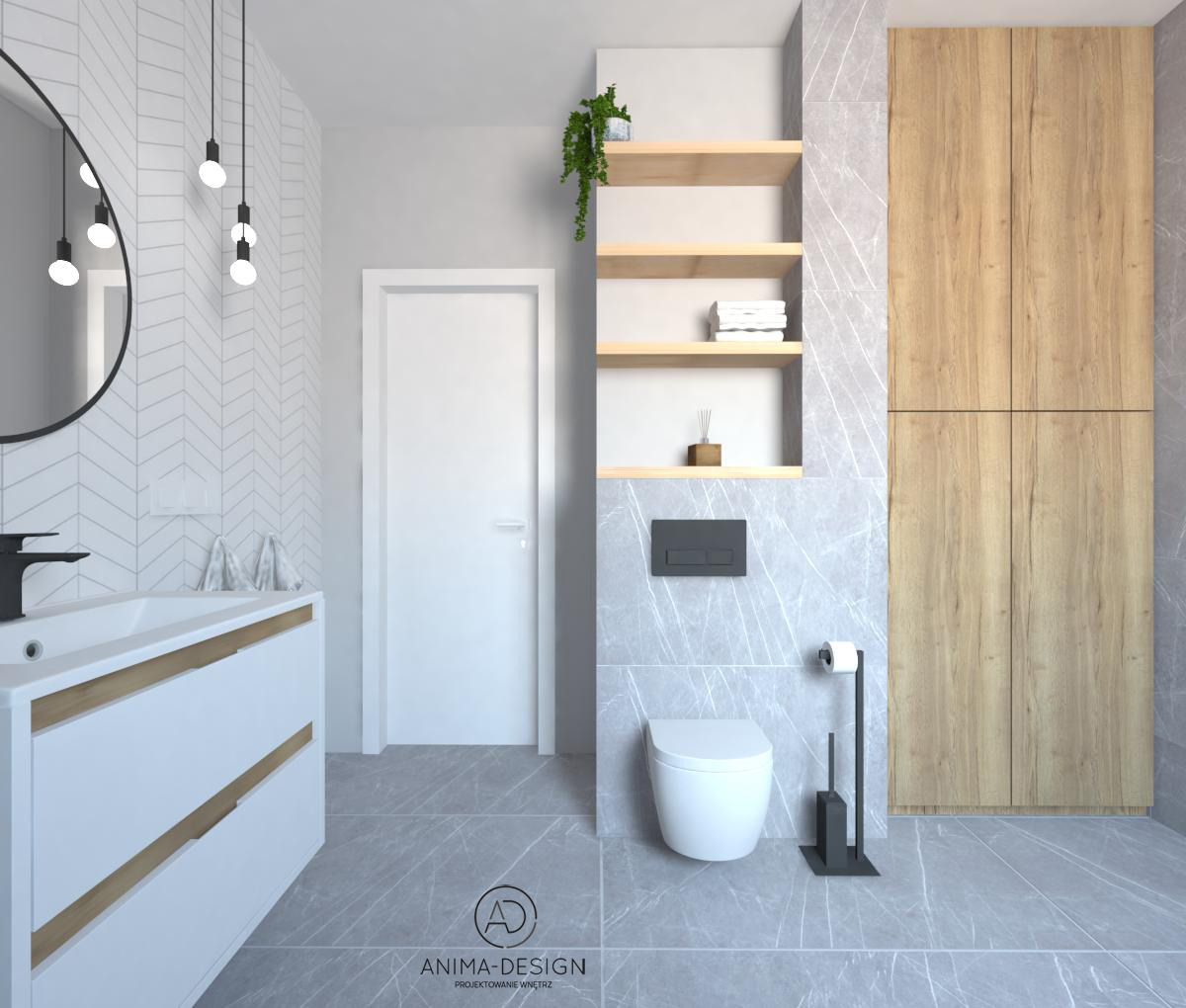 Wizualizacja nowoczesnej łazienki z białymi płytkami ułożonymi w jodełkę, drewnianymi akcentami na szafce pod umywalką i szafkach, minimalistyczną armaturą i szarymi płytkami imitującymi marmur...