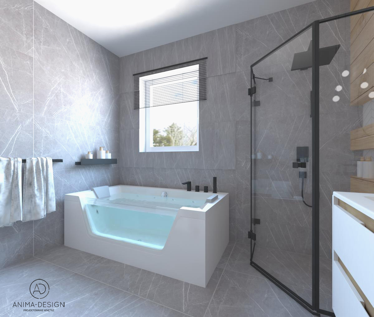 Nowoczesna łazienka z wanną z przezroczystą ścianką, kabiną prysznicową typu walk-in z czarnymi elementami i szarymi płytkami imitującymi marmur na ścianach i podłodze.