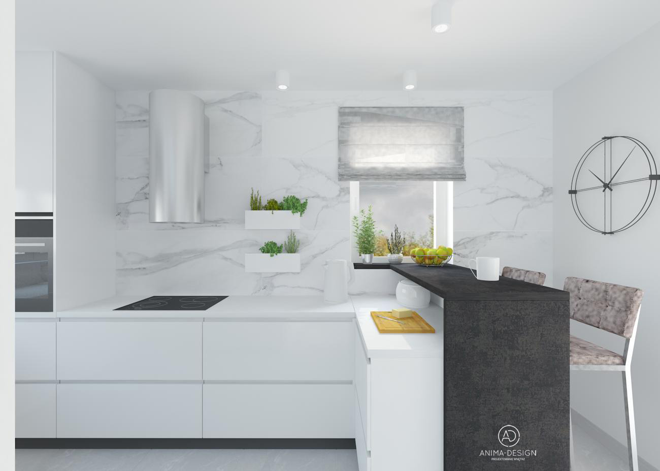 Nowoczesna, minimalistyczna kuchnia z białymi szafkami, marmurowymi płytkami, czarnym blatem, ziołami w doniczkach na ścianie i dużym, dekoracyjnym zegarem na ścianie.