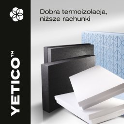 CER&BUD Marcin Ceranka - Prezentacja różnych kolorów i faktur płyt izolacyjnych Yetico, obiecująca dobrą termoizolację i niższe rachunki. Płyty w odcieniach bieli, szarości i błękitu.
