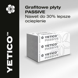 CER&BUD Marcin Ceranka - Grafitowe płyty izolacyjne YETICO PASSIVE, ułożone w stos, z widocznym logo i informacją o 30% lepszym ociepleniu. Minimalistyczny design opakowania.
