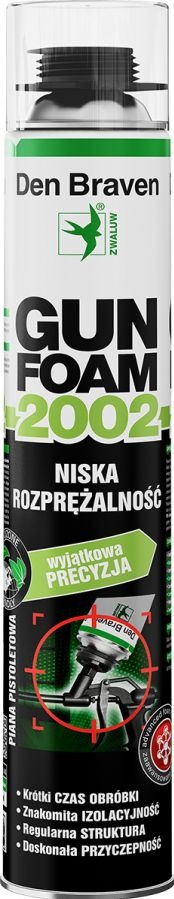 Puszka z pianą montażową pistoletową Den Braven Gun Foam 2002 o niskiej rozprężalności, z grafiką pistoletu aplikacyjnego w celowniku i hasłem 'wyjątkowa precyzja'.