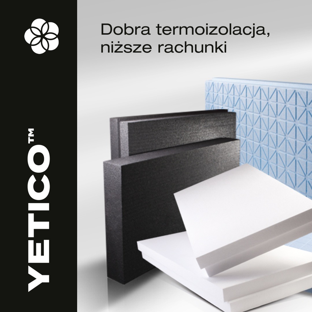 Prezentacja różnych kolorów i faktur płyt izolacyjnych Yetico, obiecująca dobrą termoizolację i niższe rachunki. Płyty w odcieniach bieli, szarości i błękitu.