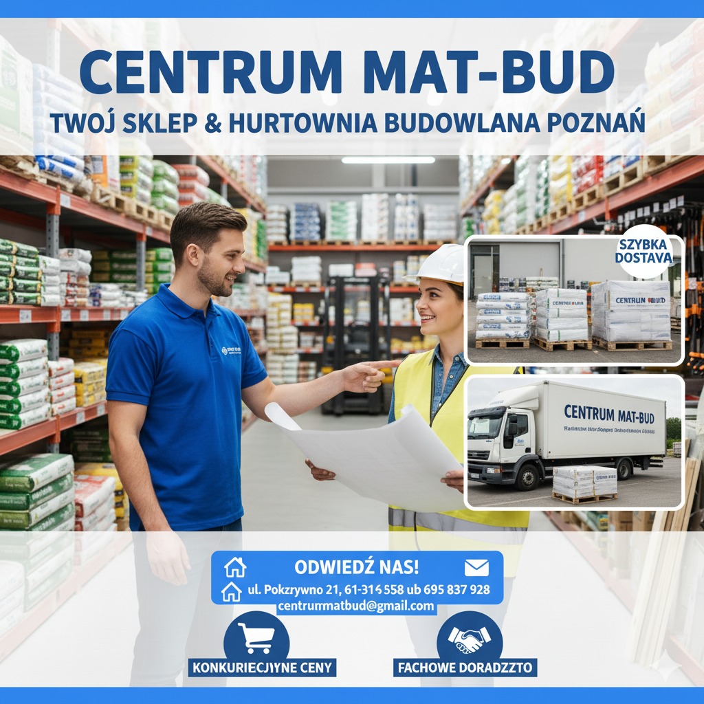 Wnętrze hurtowni budowlanej Centrum Mat-Bud w Poznaniu. Mężczyzna i kobieta analizują plan, w tle regały z towarem, dostawczy samochód i palety z materiałami.