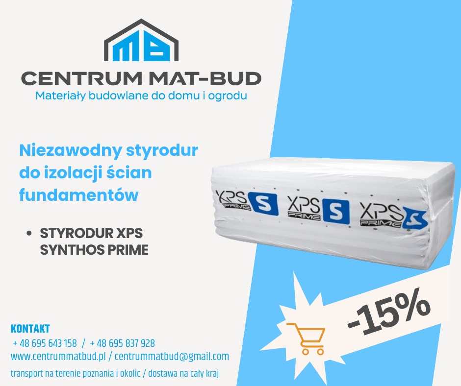 Styrodur XPS Synthos Prime w folii, z logo Centrum Mat-Bud i informacją o izolacji ścian/fundamentów. W prawym dolnym rogu grafika z rabatem -15%.