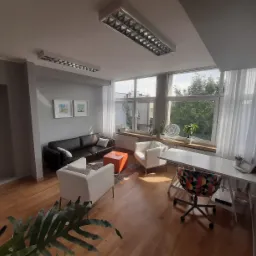 Jasne, przestronne wnętrze gabinetu z sofą, fotelami, biurkiem i dużymi oknami z widokiem na zieleń, oświetlone naturalnym światłem słonecznym. Na ścianach wiszą minimalistyczne obrazy.