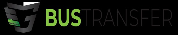 Logo firmy BusTransfer z abstrakcyjnym symbolem graficznym po lewej i nazwą firmy zapisaną zielono-szarymi literami po prawej stronie.
