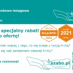 Grafika reklamowa biura rachunkowego z adresem, numerem telefonu, logo firmy, informacją o rabacie, zaproszeniem do kontaktu i nagrodami Oferteo Najlepsi 2020, 2021 i 2022.