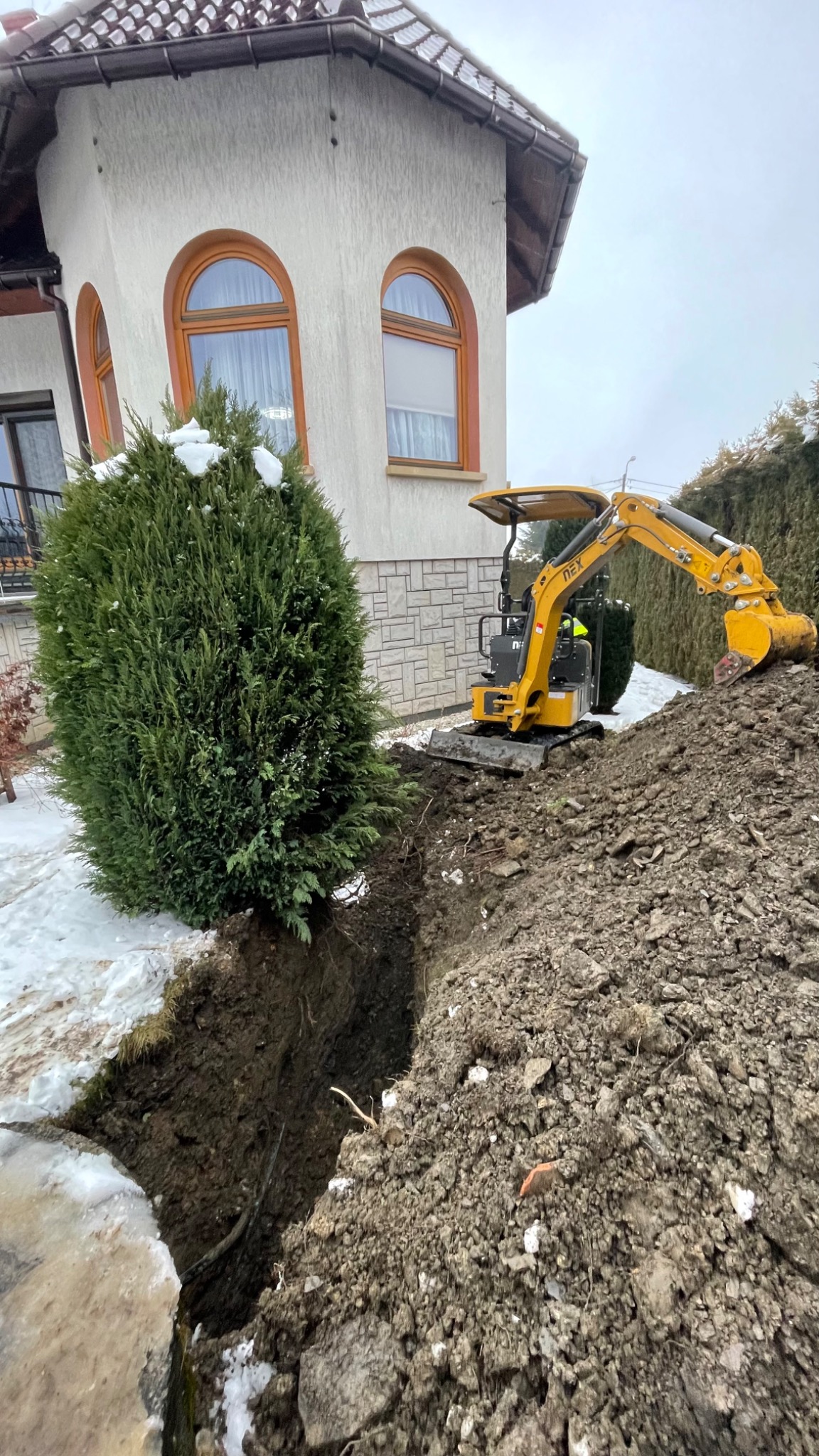 Żółta mini koparka przy wykopie w ziemi w pobliżu domu z oknami w brązowych ramach i zielonym krzewem, częściowo pokrytym śniegiem.