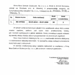 Skan referencji dla firmy Blue Education Sp. z o.o. po przeprowadzonym szkoleniu MS Office przez Nova Centrum Edukacyjne Sp. z o.o. we Wrocławiu, datowane na 02.008.2018, z podpisem i pieczątką.