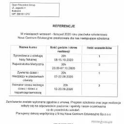 Skan referencji od placówki szkoleniowej Nova Centrum Edukacyjne dla Open Education Group, potwierdzający realizację szkoleń z zakresu sprzedawcy z obsługą kasy fiskalnej, rejestratorki medycznej...