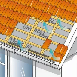Ilustracja przedstawia przekrój dachu z widoczną membraną dachową Braas Divoroll Kompakt, drewnianą konstrukcją nośną i fragmentem pomarańczowych dachówek. Strzałki wskazują kierunek wentylacji.