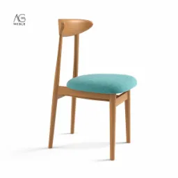 Drewniane krzesło z turkusowym, tapicerowanym siedziskiem, widoczne logo producenta AG Meble w lewym górnym rogu.