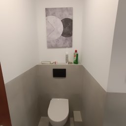 Remonty i Wykończenia Wnętrz Wrocław - Nowoczesna toaleta w szaro-białej kolorystyce z minimalistycznym obrazem na ścianie. Widoczne akcesoria łazienkowe i elementy wykończenia.