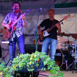 Artur Radzimowski - Zespół muzyczny grający na scenie, z gitarami, basem i perkusją, ozdobioną donicą z pnączami i pomarańczowymi kwiatami.