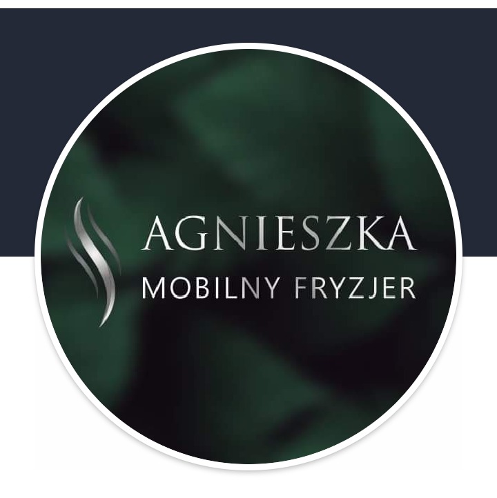 Logo mobilnego fryzjera Agnieszka z abstrakcyjnym symbolem włosów na tle w odcieniach zieleni i bieli.