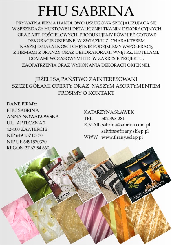 Kolaż zdjęć prezentujący asortyment firmy: pościel satynowa, aranżacje sypialni, poduszki dekoracyjne, tkaniny firanowe i zasłonowe w różnych kolorach i wzorach.
