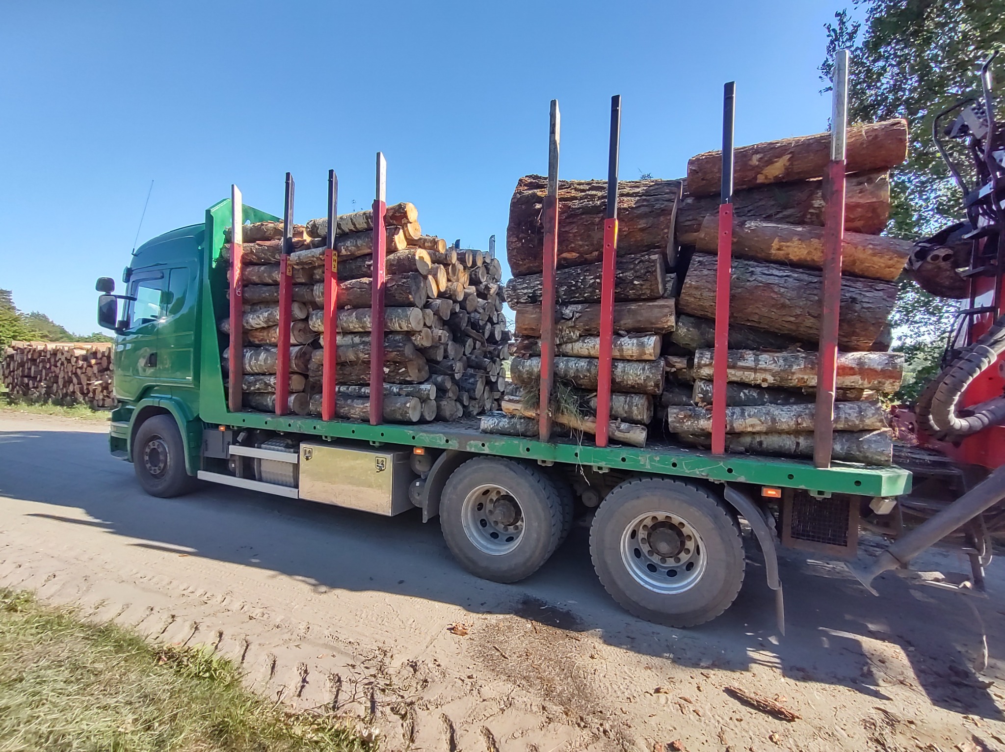 Zielona ciężarówka z ładunkiem pociętych kłód drewna, zabezpieczonych czerwonymi słupkami, na drodze gruntowej w słoneczny dzień.