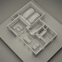 Monochromatyczny model 3D przekroju domu z garażem, salonem, kuchnią, sypialniami i schodami, widok z góry z logo firmy architektonicznej w prawym dolnym rogu.