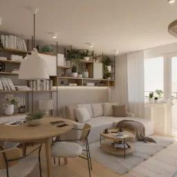 Wizualizacja salonu z okrągłym stołem jadalnym, sofą z poduszkami i regałem wypełnionym książkami i roślinami doniczkowymi, oświetlonego ciepłym światłem.