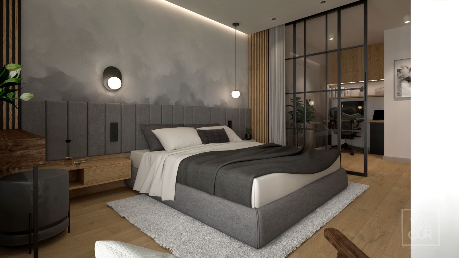 Nowoczesna sypialnia z łóżkiem kontynentalnym, szarą tapetą przypominającą chmury, lampami ściennymi i przeszklonym biurem w tle.