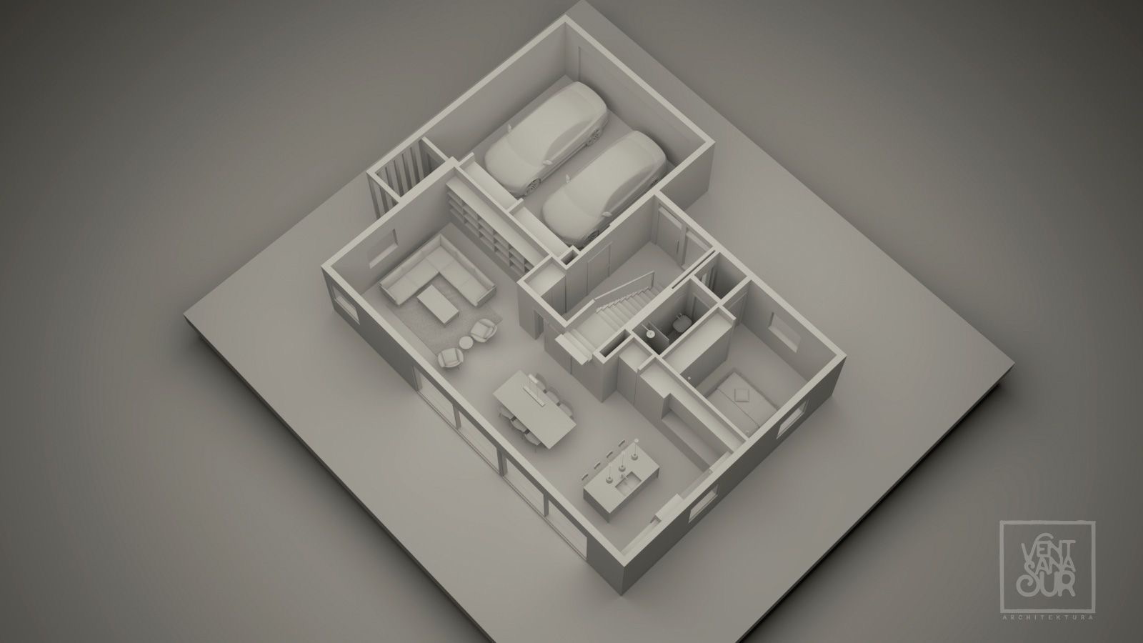 Monochromatyczny model 3D przekroju domu z garażem, salonem, kuchnią, sypialniami i schodami, widok z góry z logo firmy architektonicznej w prawym dolnym rogu.