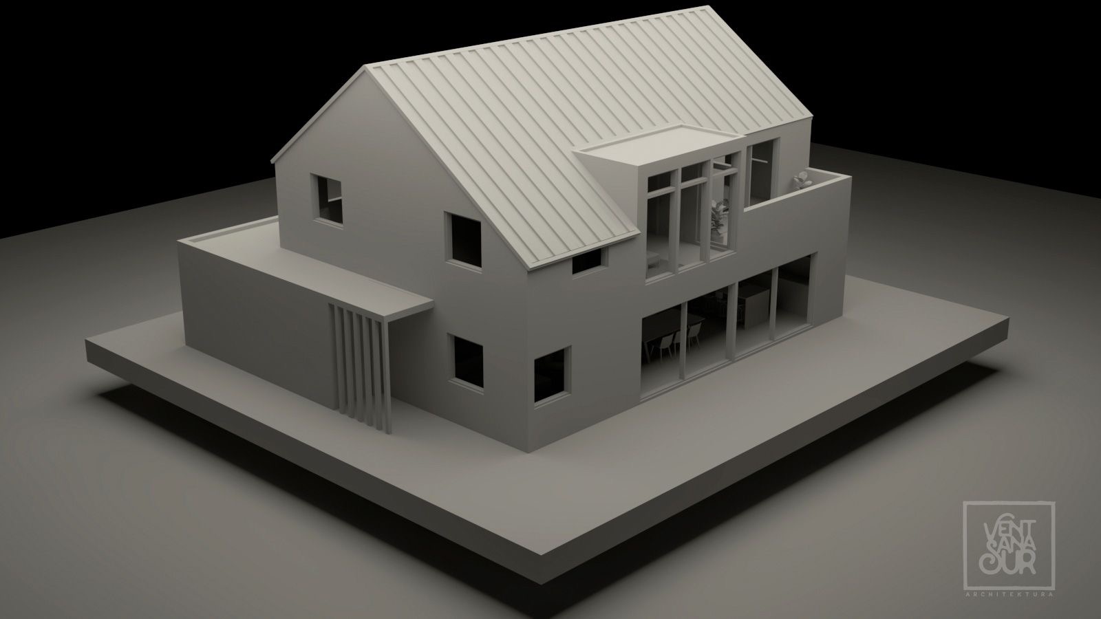Architektoniczny model domu z metalowym dachem, dużymi przeszkleniami i balkonem, prezentowany w szarym otoczeniu z logo firmy architektonicznej w prawym dolnym rogu.
