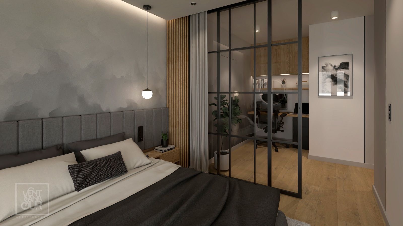 Nowoczesna sypialnia z widokiem na biuro przez szklaną ścianę, szara paleta kolorów, dekoracyjna lampa wisząca i efektowna tapeta imitująca chmury.