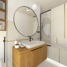 Łazienka ze złoto czarnymi detalami.