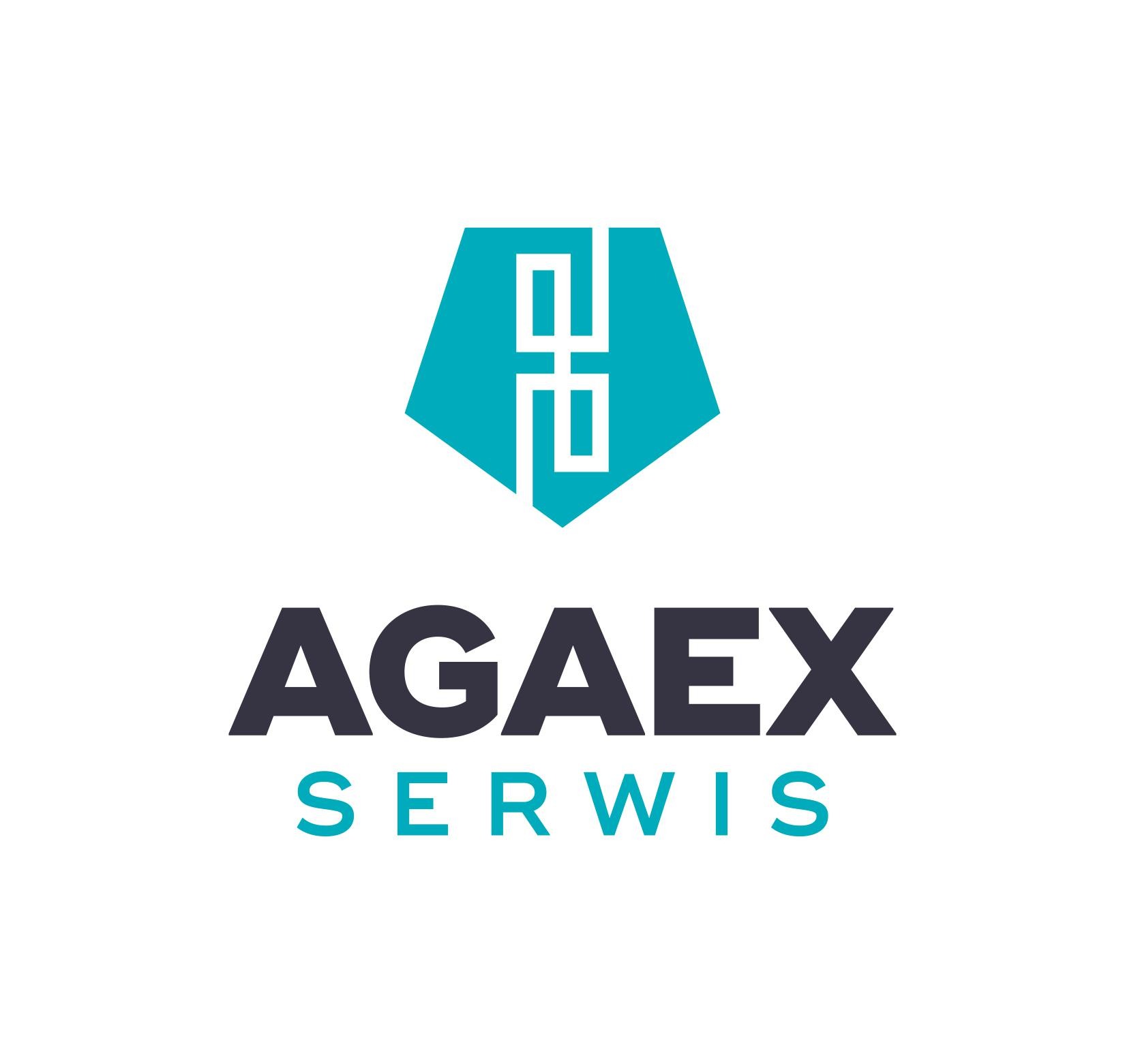 Logo firmy AGAEX Serwis z geometrycznym symbolem w kolorze turkusowym nad nazwą.