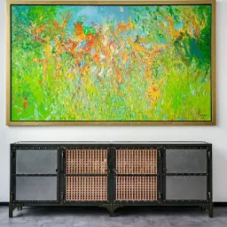 Szafka RTV w stylu industrialnym z metalową konstrukcją, perforowanymi drzwiczkami i szarymi panelami, na tle ściany z abstrakcyjnym obrazem w zielono-żółtej tonacji.