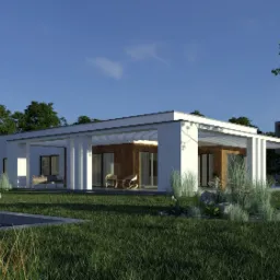 Wizualizacja nowoczesnego domu jednorodzinnego z płaskim dachem, białymi kolumnami i drewnianym wykończeniem elewacji, otoczonego zielonym trawnikiem, drzewami i niewielkim zbiornikiem wodnym...