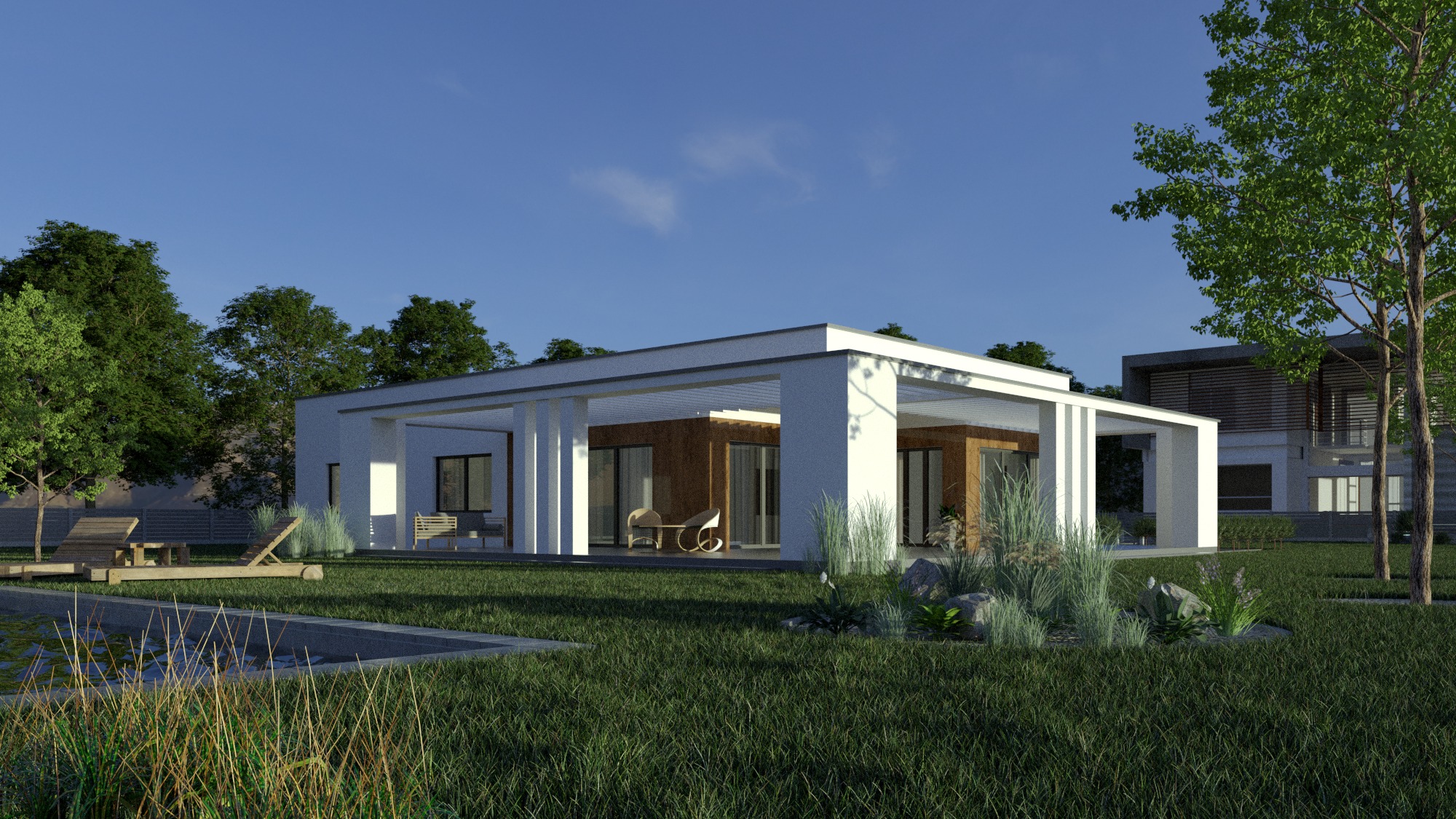 Wizualizacja nowoczesnego domu jednorodzinnego z płaskim dachem, białymi kolumnami i drewnianym wykończeniem elewacji, otoczonego zielonym trawnikiem, drzewami i niewielkim zbiornikiem wodnym...