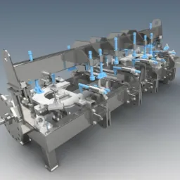 Wizualizacja 3D rozbudowanej konstrukcji stalowej z elementami w kolorze niebieskim, prawdopodobnie część linii produkcyjnej, na szarym tle.