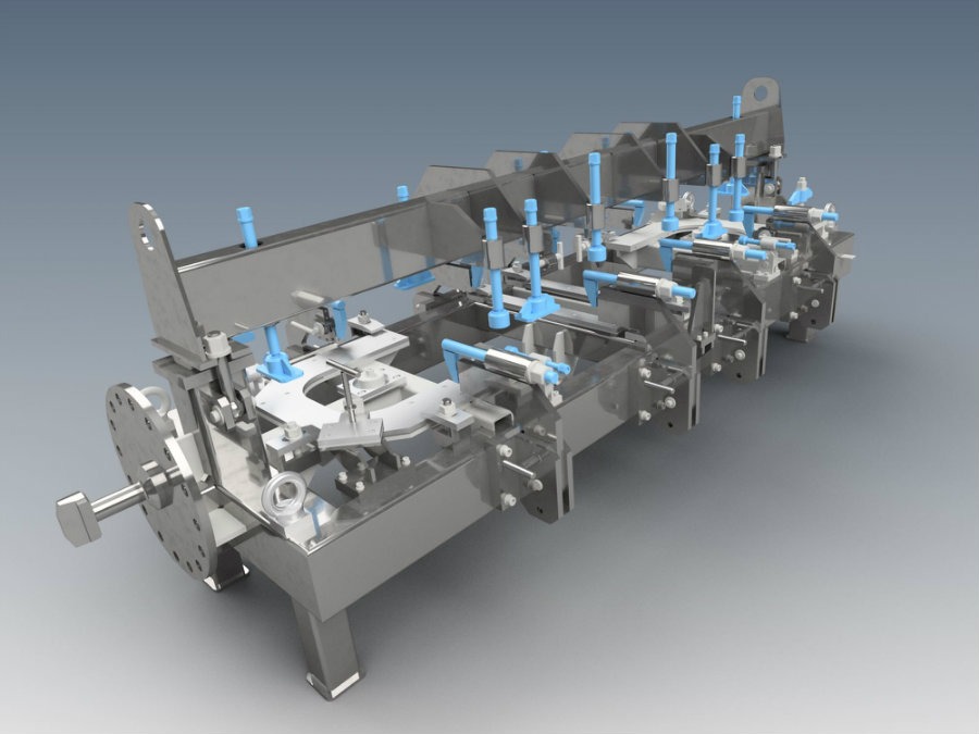 Wizualizacja 3D rozbudowanej konstrukcji stalowej z elementami w kolorze niebieskim, prawdopodobnie część linii produkcyjnej, na szarym tle.
