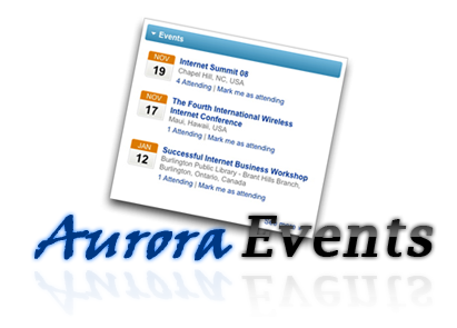 Ekran systemu AuroraEvents prezentujący listę nadchodzących wydarzeń: Internet Summit 08 w Chapel Hill, The Fourth International Wireless Internet Conference na Maui oraz Successful Internet...