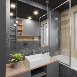 Wizualizacja nowoczesnej łazienki z szarą marmurową okładziną, białym prostokątnym umywalką nablatową na drewnianym blacie, szarą szafką pod umywalką, kabiną prysznicową ze szklaną ścianką i wanną,...