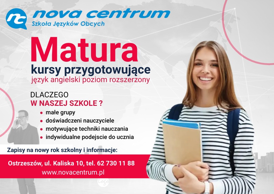 Szkoła językowa Nova Centrum: reklama kursów maturalnych z angielskiego. Uśmiechnięta uczennica z książkami na tle grafiki z informacjami o ofercie i danych kontaktowych.