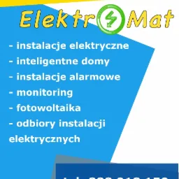 Grafika reklamowa firmy ElektroMat oferującej usługi elektryczne, w tym instalacje elektryczne, inteligentne domy, instalacje alarmowe, monitoring, fotowoltaikę oraz odbiory instalacji...