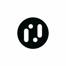 Abstrakcyjne logo w kształcie czarnego okręgu z białymi elementami wewnątrz, przypominające litery 'i' i '!', minimalistyczny design.
