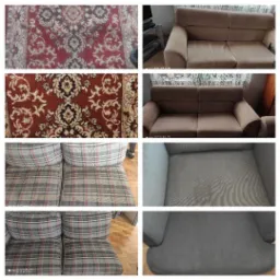 Kolaż przedstawiający dywan w orientalny wzór, brązową kanapę, kanapę w kratę oraz szary fotel, wszystkie meble wyglądają na wymagające odświeżenia.